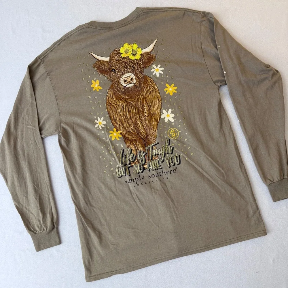 Simply Southern womens Highland Army Green Long Sleeve T-Shirt Large LS-HIGHLAND - Picture 1 of 13